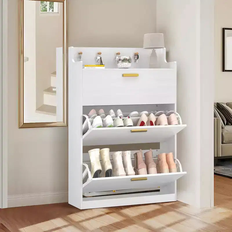 Meuble à chaussures avec 2 tiroirs basculants, meuble de rangement étroit et autonome avec crochets pour l'entrée ou le couloir, noir/blanc