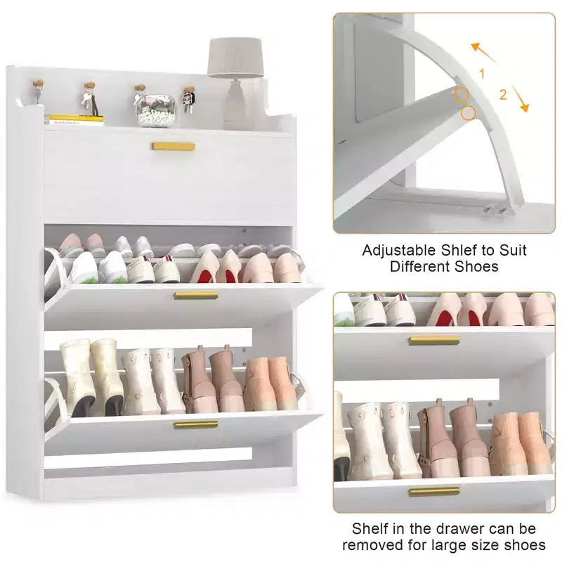 Meuble à chaussures avec 2 tiroirs basculants, meuble de rangement étroit et autonome avec crochets pour l'entrée ou le couloir, noir/blanc