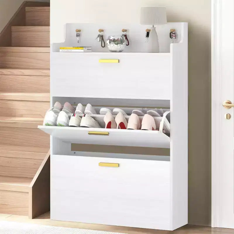 Meuble à chaussures avec 2 tiroirs basculants, meuble de rangement étroit et autonome avec crochets pour l'entrée ou le couloir, noir/blanc