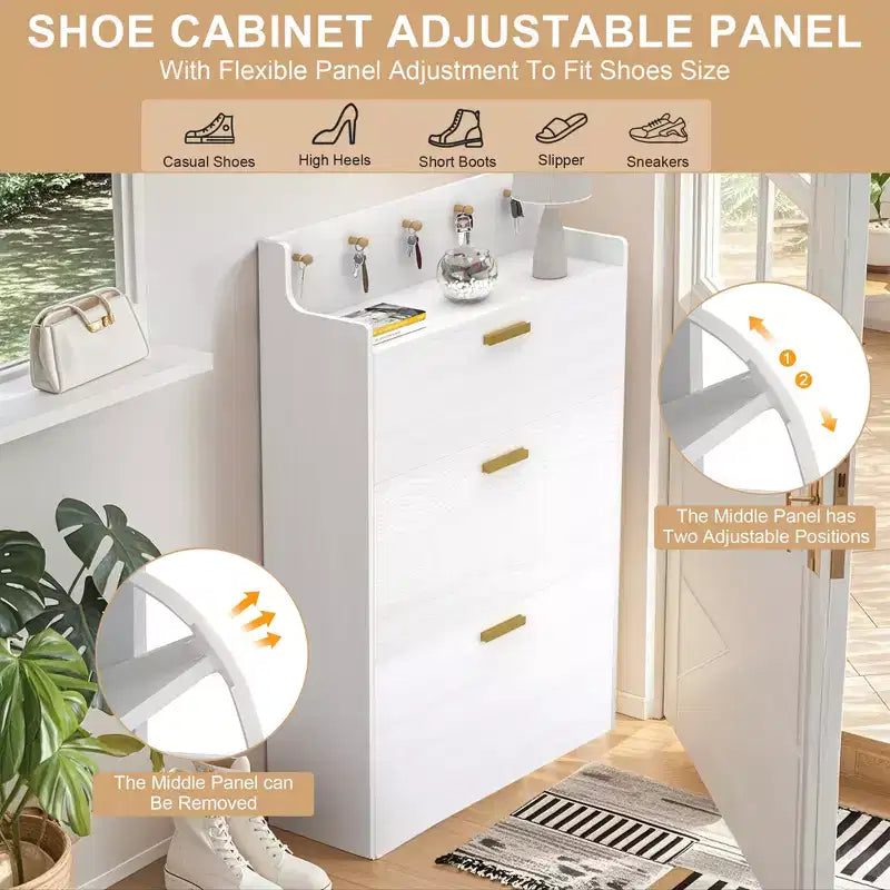Meuble à chaussures avec 2 tiroirs basculants, meuble de rangement étroit et autonome avec crochets pour l'entrée ou le couloir, noir/blanc