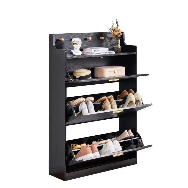 Meuble à chaussures avec 2 tiroirs basculants, meuble de rangement étroit et autonome avec crochets pour l'entrée ou le couloir, noir/blanc