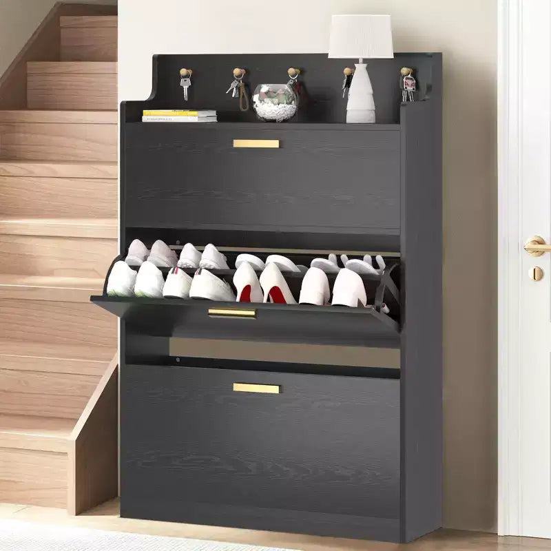 Meuble à chaussures avec 2 tiroirs basculants, meuble de rangement étroit et autonome avec crochets pour l'entrée ou le couloir, noir/blanc
