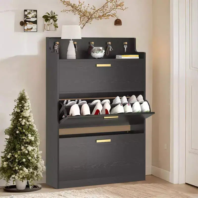 Meuble à chaussures avec 2 tiroirs basculants, meuble de rangement étroit et autonome avec crochets pour l'entrée ou le couloir, noir/blanc