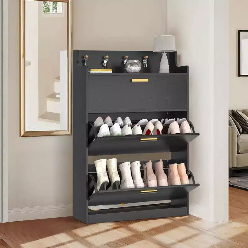Meuble à chaussures avec 2 tiroirs basculants, meuble de rangement étroit et autonome avec crochets pour l'entrée ou le couloir, noir/blanc