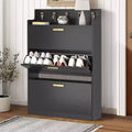 VECELO Shoe Cabinet with 2 Flip Drawers, Freestanding Narrow Hidden Storage Organizer with Hooks for Entryway or Hallway, Black/White