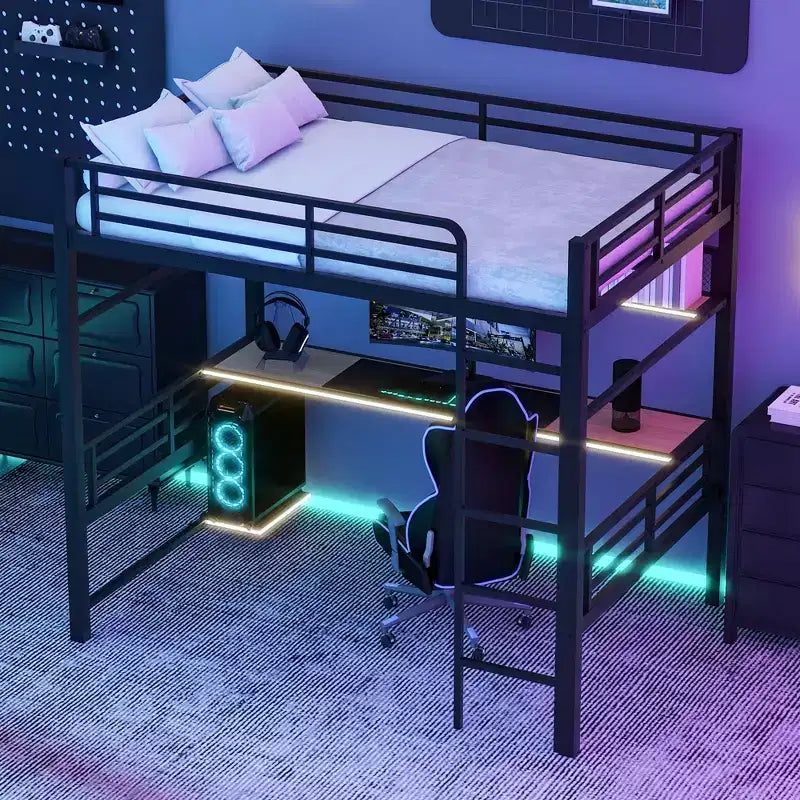 Whisen Full Size Metal Loft Bed Frame with Storage Shelf and LED Light - Black