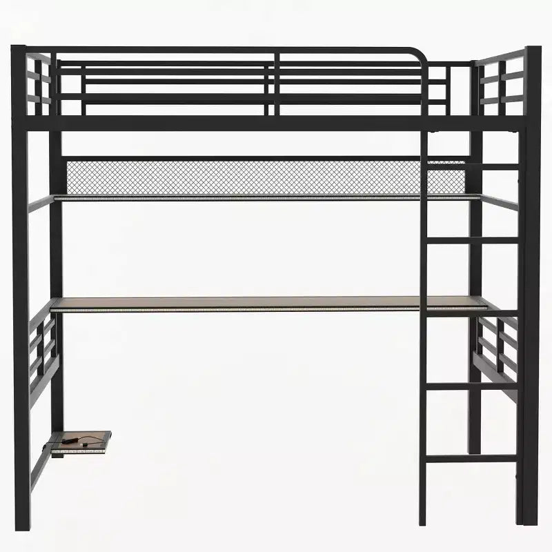 Lit mezzanine en métal pleine grandeur avec étagère de rangement et éclairage LED - Noir