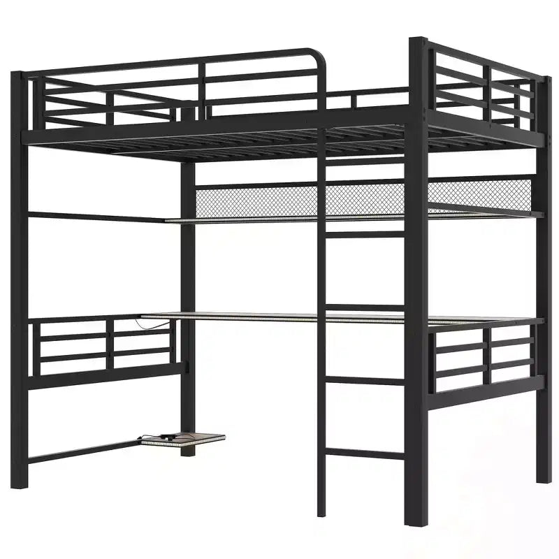 Lit mezzanine en métal pleine grandeur avec étagère de rangement et éclairage LED - Noir