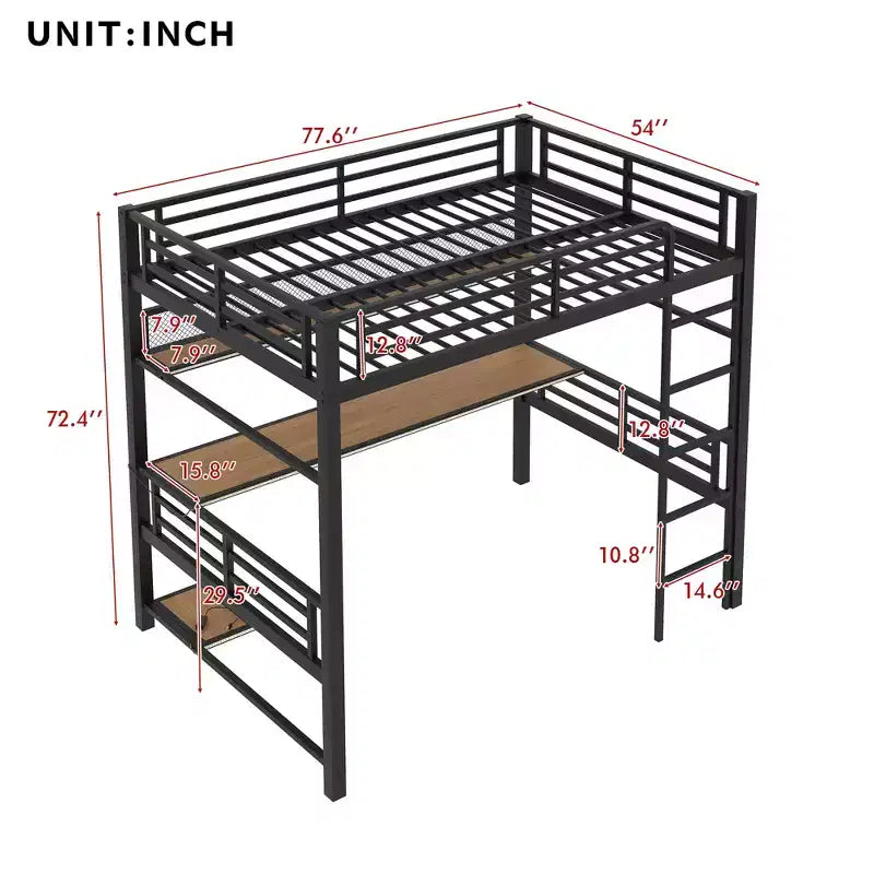 Lit mezzanine en métal pleine grandeur avec étagère de rangement et éclairage LED - Noir