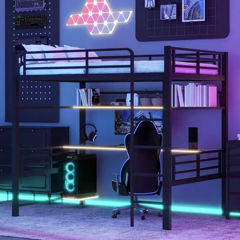 Lit mezzanine en métal pleine grandeur avec étagère de rangement et éclairage LED - Noir