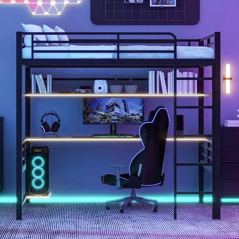 Lit mezzanine en métal pleine grandeur avec étagère de rangement et éclairage LED - Noir