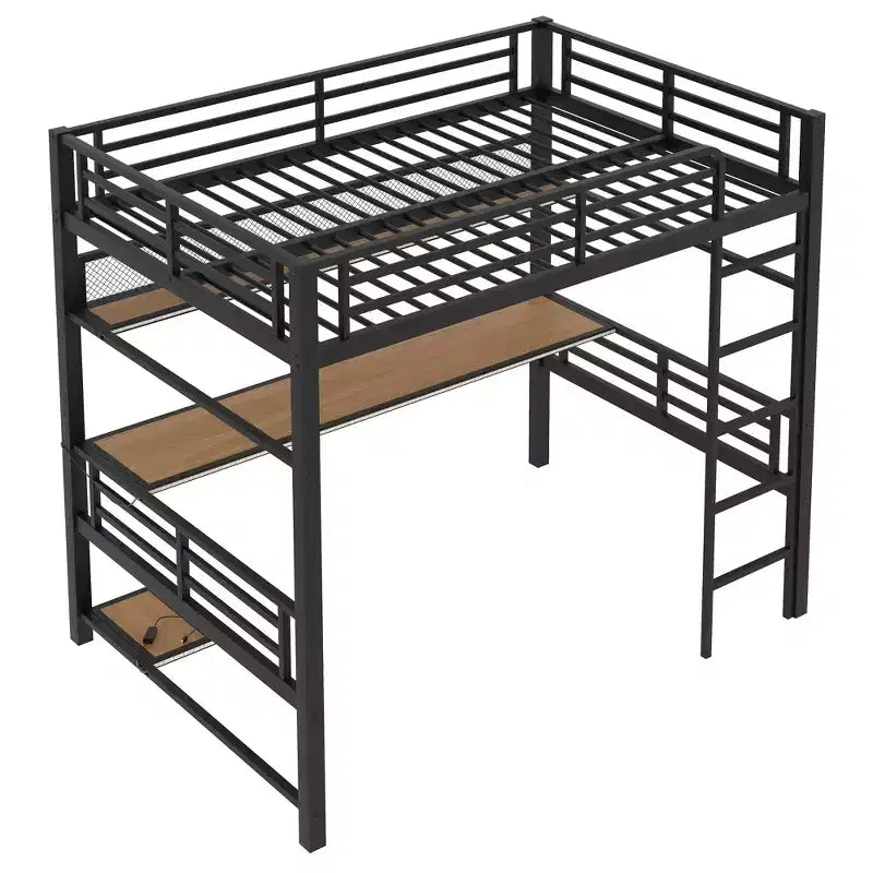 Lit mezzanine en métal pleine grandeur avec étagère de rangement et éclairage LED - Noir