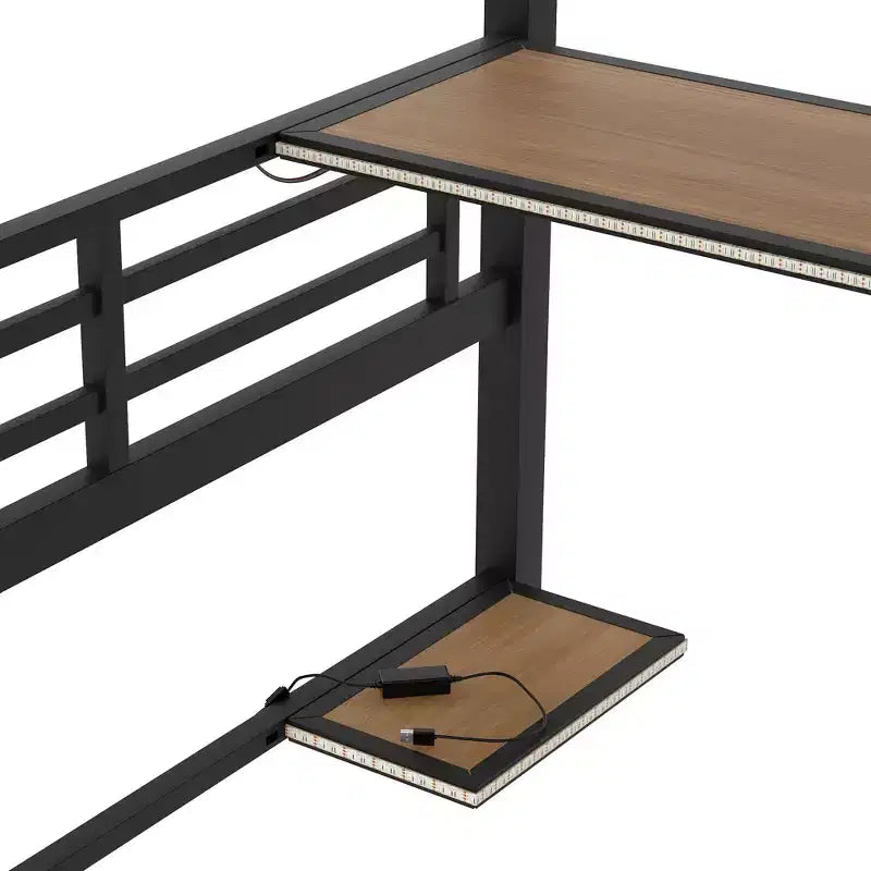 Lit mezzanine en métal pleine grandeur avec étagère de rangement et éclairage LED - Noir
