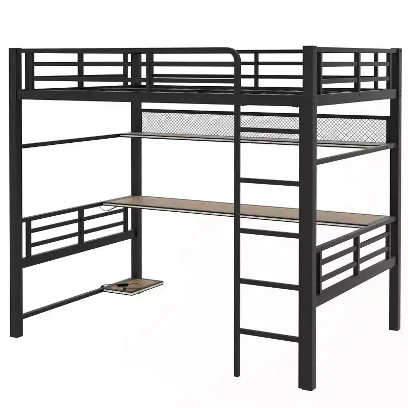 Lit mezzanine en métal pleine grandeur avec étagère de rangement et éclairage LED - Noir