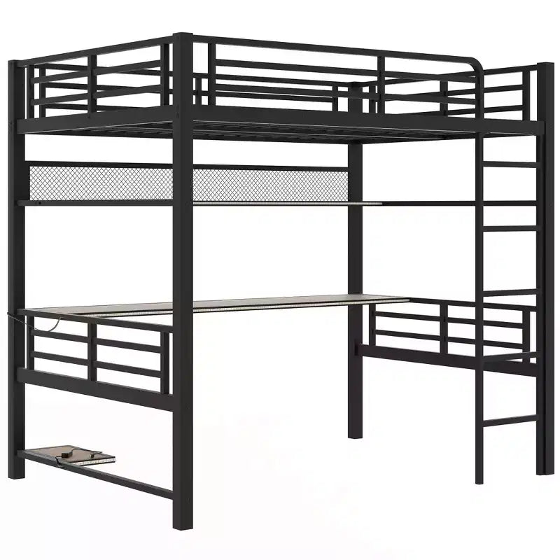 Lit mezzanine en métal pleine grandeur avec étagère de rangement et éclairage LED - Noir