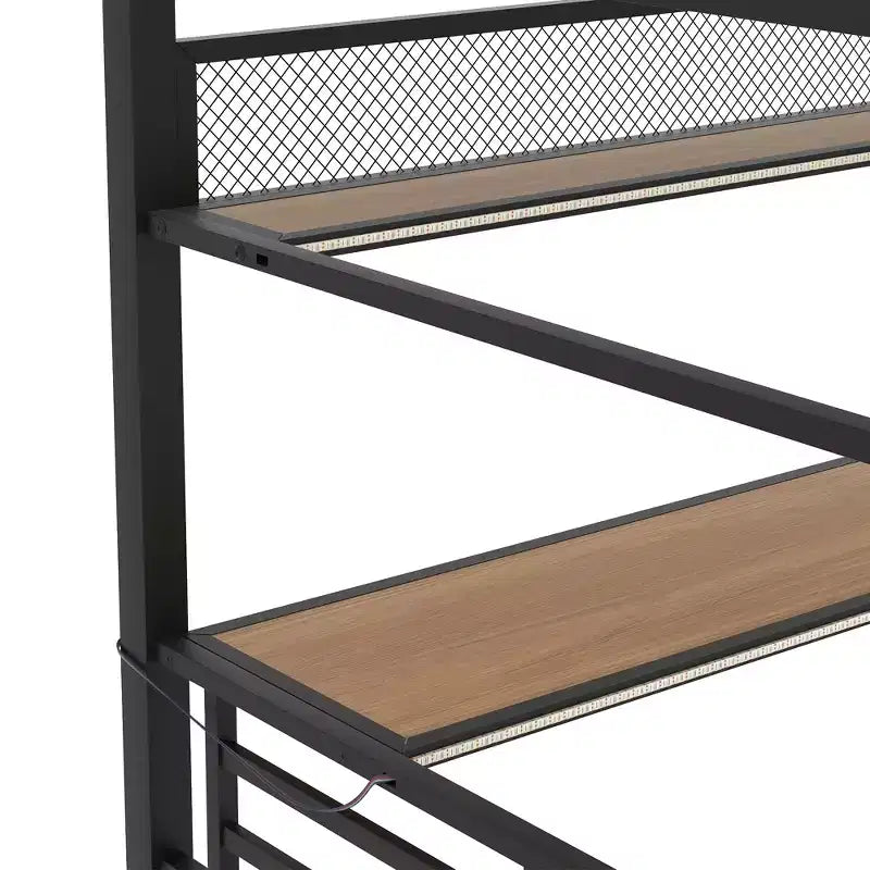 Lit mezzanine en métal pleine grandeur avec étagère de rangement et éclairage LED - Noir