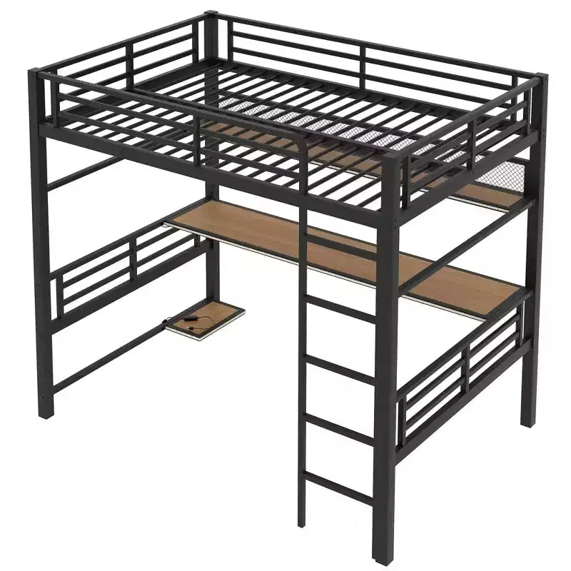 Lit mezzanine en métal pleine grandeur avec étagère de rangement et éclairage LED - Noir