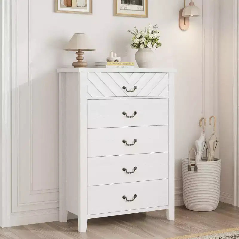 Zstar Farmhouse 5 Dresser for Bedroom, 45.2 Tall Dresser, Vertical Drawer with Storage Freestanding, Wooden Closet Storage Chest for Bedroom