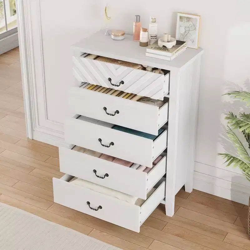 Commode de ferme à 5 tiroirs pour chambre, commode haute de 114,8 cm, tiroir vertical avec rangement autoportant, coffre de rangement en bois pour chambre