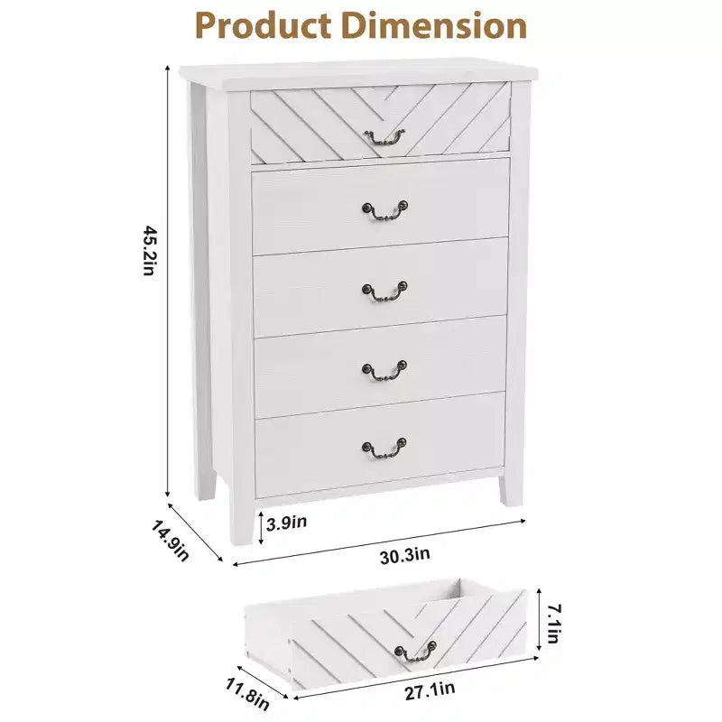 Commode de ferme à 5 tiroirs pour chambre, commode haute de 114,8 cm, tiroir vertical avec rangement autoportant, coffre de rangement en bois pour chambre