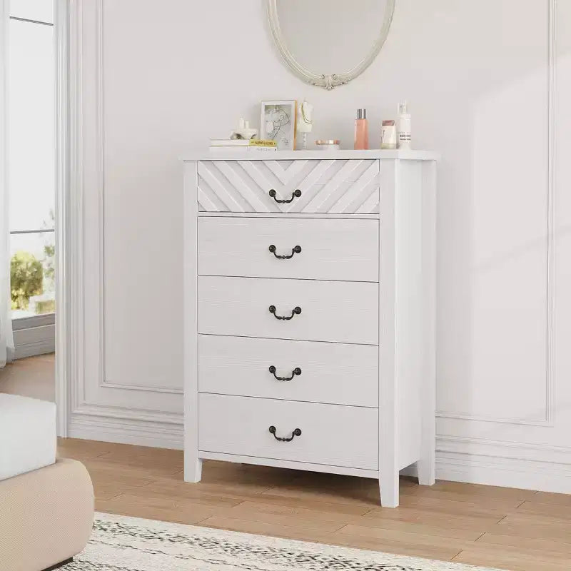 Commode de ferme à 5 tiroirs pour chambre, commode haute de 114,8 cm, tiroir vertical avec rangement autoportant, coffre de rangement en bois pour chambre