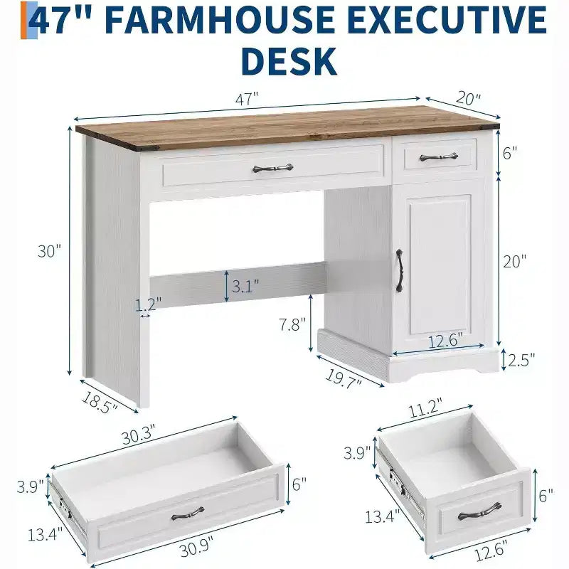 Bureau de direction 47 pouces avec tiroirs et armoire de rangement, bureau d'ordinateur rustique de style ferme, pour l'étude et le travail