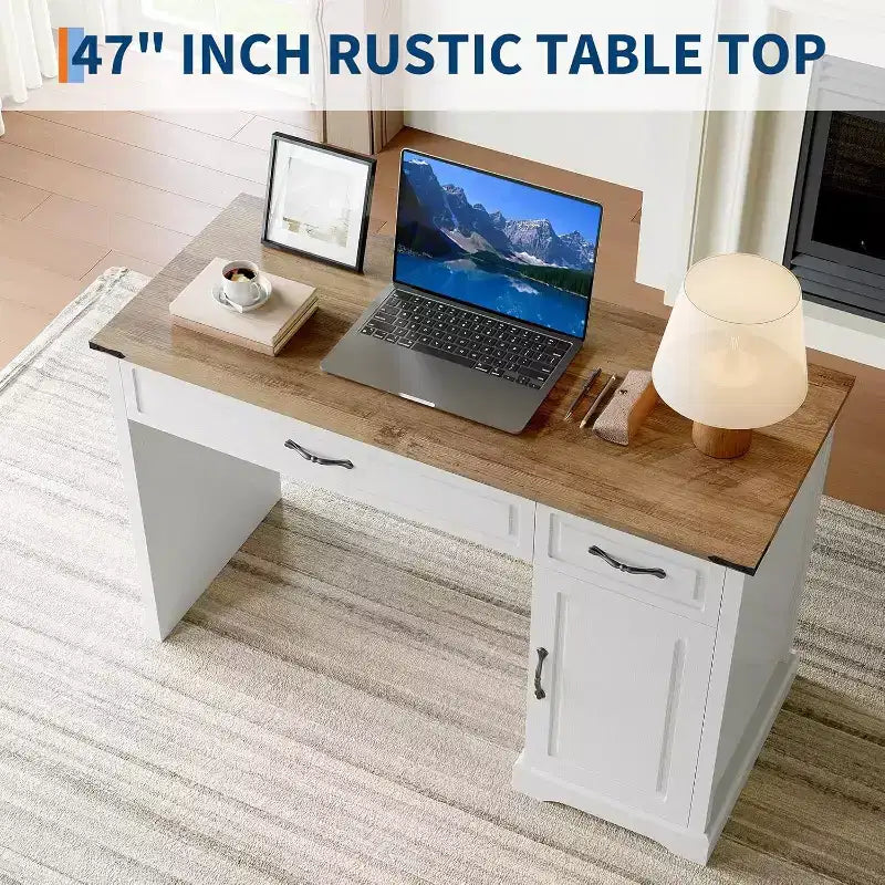 Bureau de direction 47 pouces avec tiroirs et armoire de rangement, bureau d'ordinateur rustique de style ferme, pour l'étude et le travail