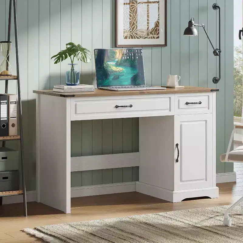 Bureau de direction 47 pouces avec tiroirs et armoire de rangement, bureau d'ordinateur rustique de style ferme, pour l'étude et le travail