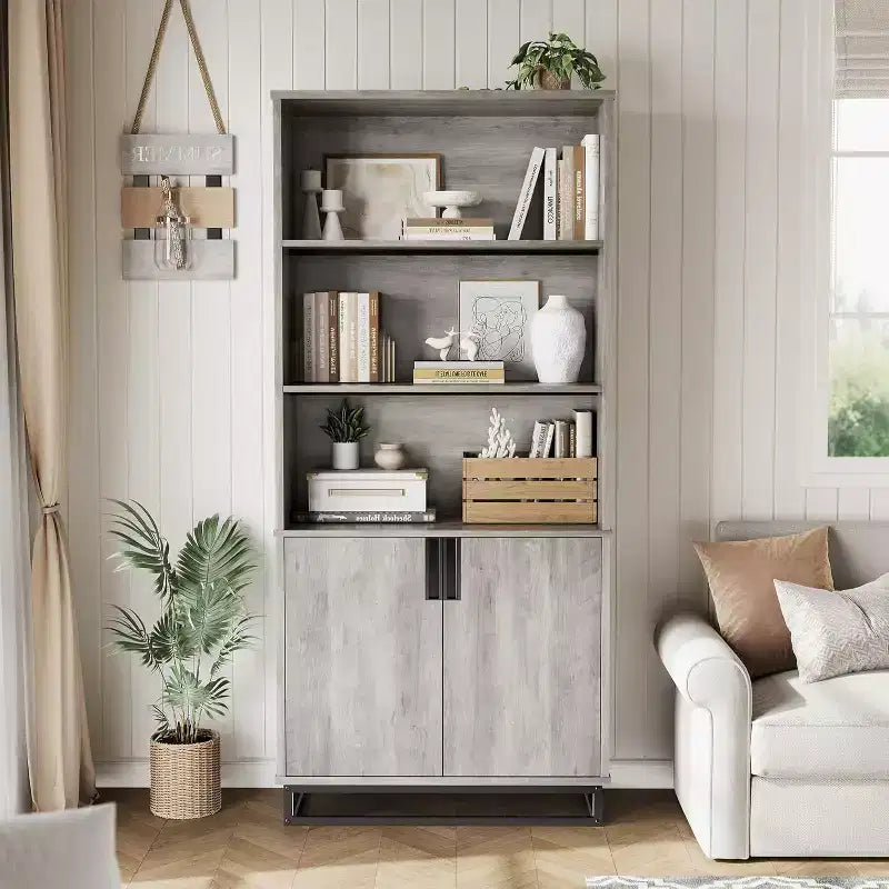 71 Inch Tall Bookshelf with Doors and Metal Base, 5 Tier Bookcase with Cabinet and Adjustable Shelf, Farmhouse Industrial Storage Book Shelf