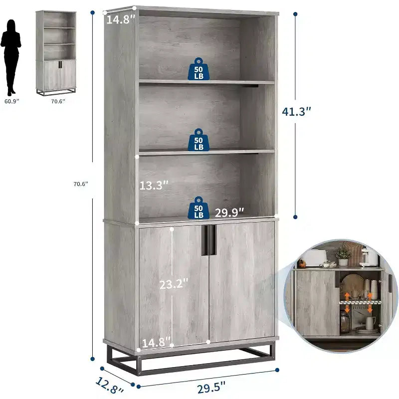Bibliothèque de 180 cm de haut avec portes et base en métal, étagère à 5 niveaux avec armoire et étagère réglable, étagère de rangement industrielle de style ferme
