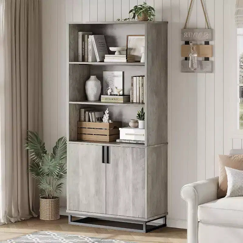 Bibliothèque de 180 cm de haut avec portes et base en métal, étagère à 5 niveaux avec armoire et étagère réglable, étagère de rangement industrielle de style ferme