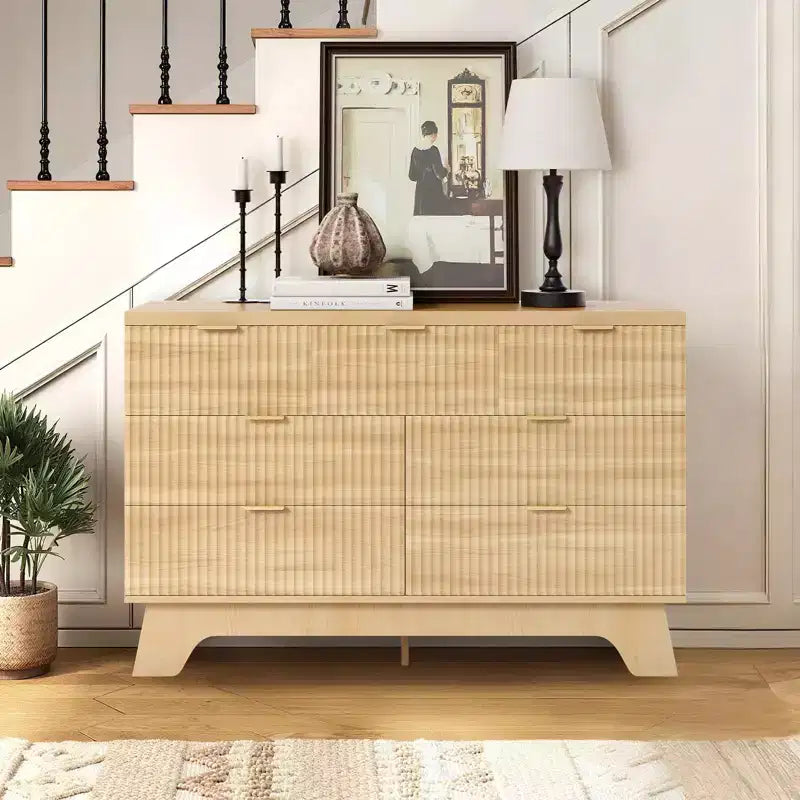 Commode 7 Tiroirs 120 cm Design Mid-Century Moderne avec Poignées Dorées, Motif Cannelé, Organisateur de Rangement pour Chambre