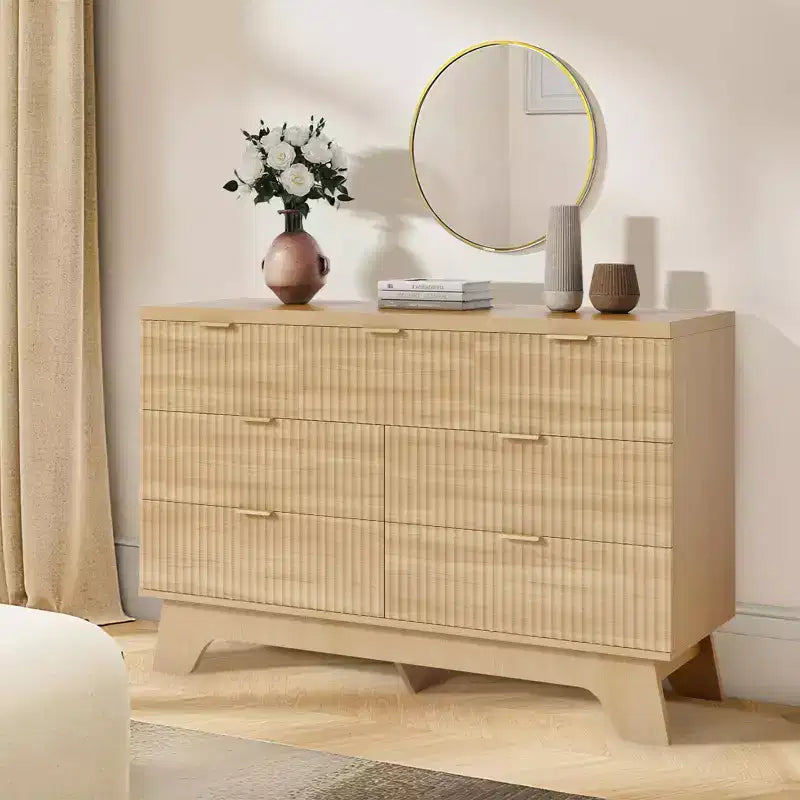 Commode 7 Tiroirs 120 cm Design Mid-Century Moderne avec Poignées Dorées, Motif Cannelé, Organisateur de Rangement pour Chambre