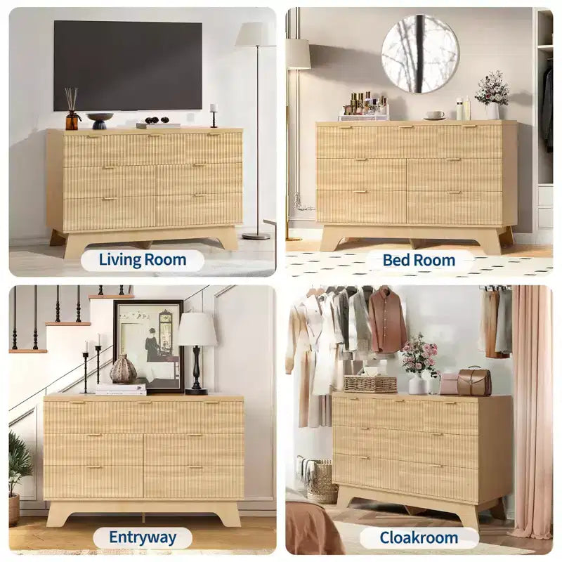 Commode 7 Tiroirs 120 cm Design Mid-Century Moderne avec Poignées Dorées, Motif Cannelé, Organisateur de Rangement pour Chambre