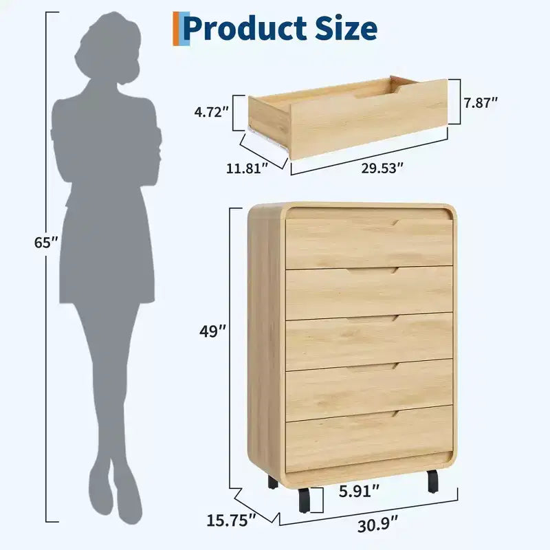 Commode à 5 tiroirs pour chambre à coucher, commode moderne haute de 48 pouces en bois avec grand espace de rangement en bois, commode pour salon, couloir