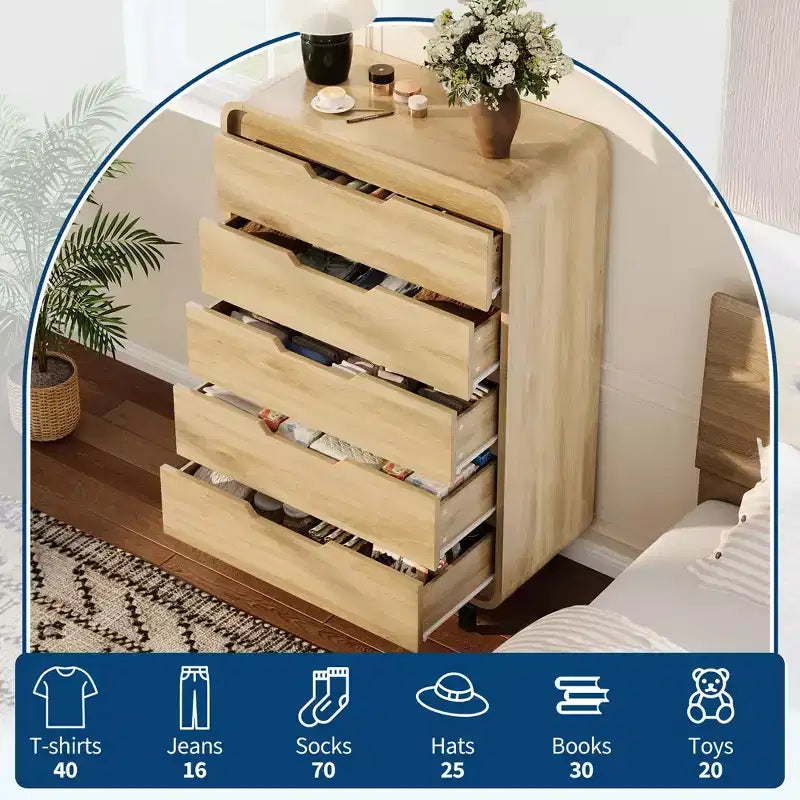 Commode à 5 tiroirs pour chambre à coucher, commode moderne haute de 48 pouces en bois avec grand espace de rangement en bois, commode pour salon, couloir