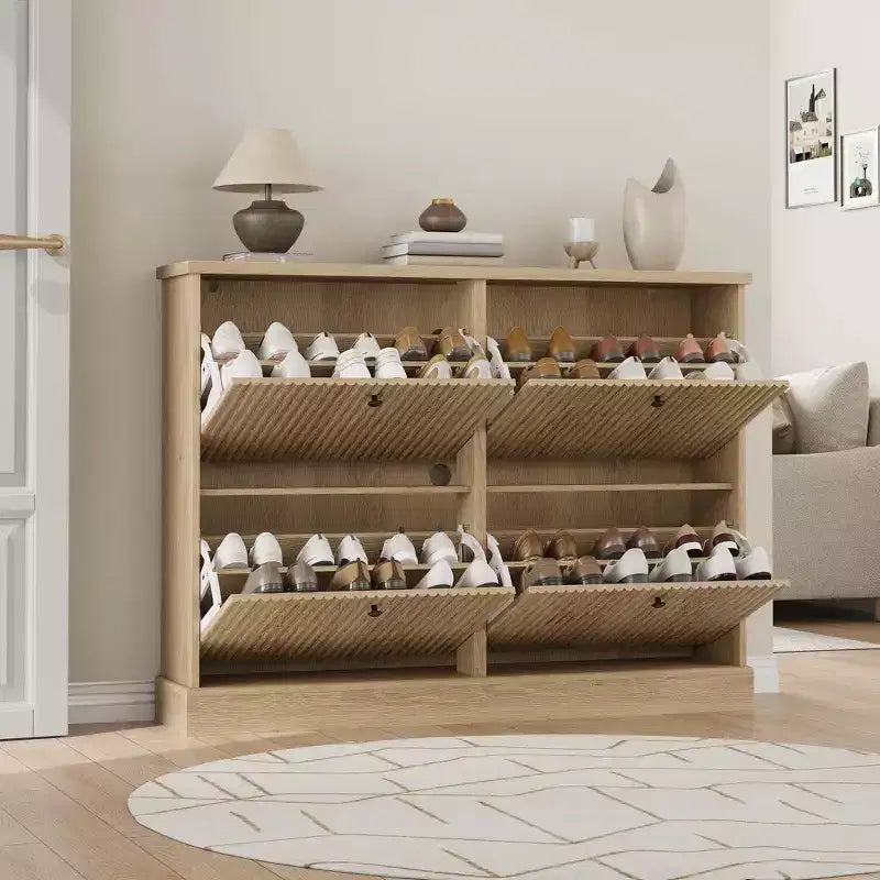 Meuble à chaussures avec 4 tiroirs basculants, meuble à chaussures en bois cannelé caché avec étagère réglable, meuble de rangement de chaussures autoportant pour entrée ou couloir