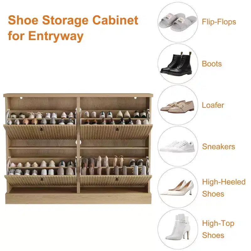Meuble à chaussures avec 4 tiroirs basculants, meuble à chaussures en bois cannelé caché avec étagère réglable, meuble de rangement de chaussures autoportant pour entrée ou couloir
