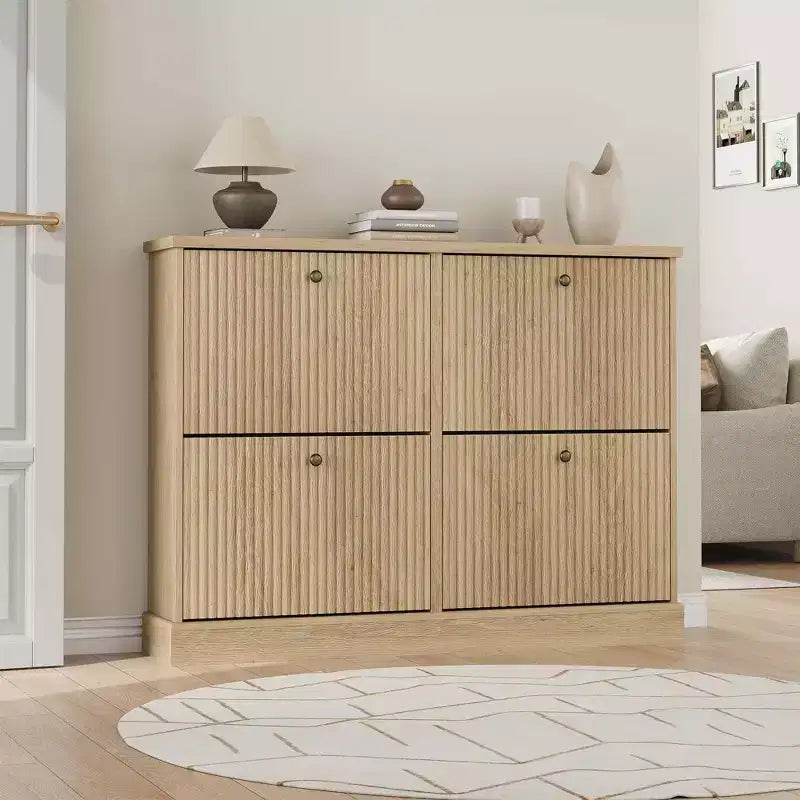 Meuble à chaussures avec 4 tiroirs basculants, meuble à chaussures en bois cannelé caché avec étagère réglable, meuble de rangement de chaussures autoportant pour entrée ou couloir