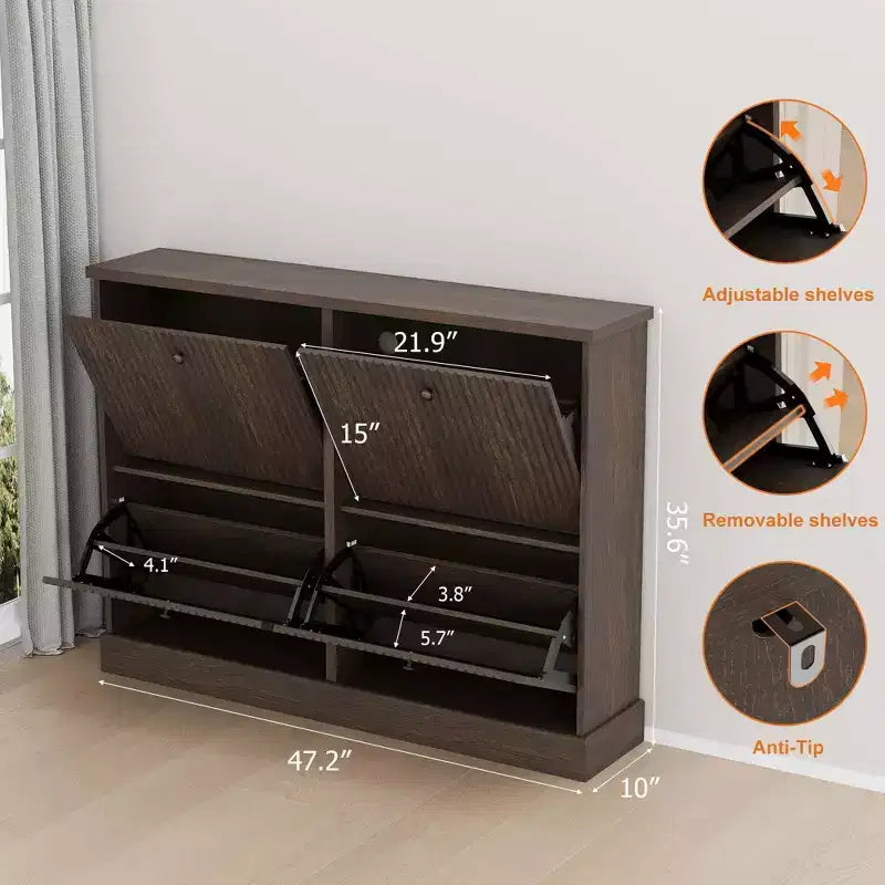 Meuble à chaussures avec 4 tiroirs basculants, meuble à chaussures en bois cannelé caché avec étagère réglable, meuble de rangement de chaussures autoportant pour entrée ou couloir