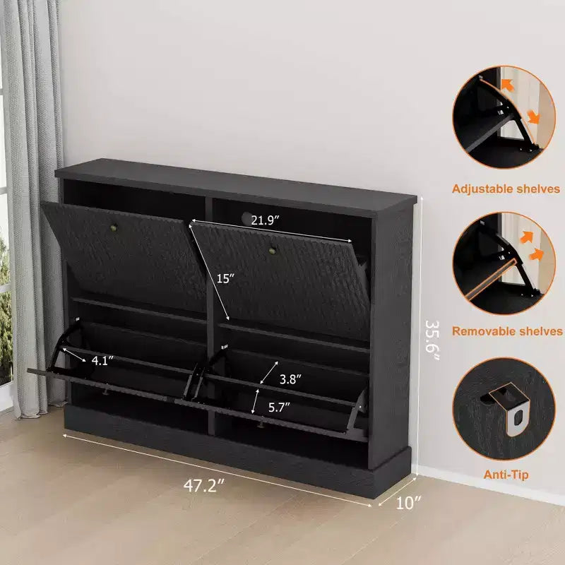 Meuble à chaussures avec 4 tiroirs basculants, meuble à chaussures en bois cannelé caché avec étagère réglable, meuble de rangement de chaussures autoportant pour entrée ou couloir