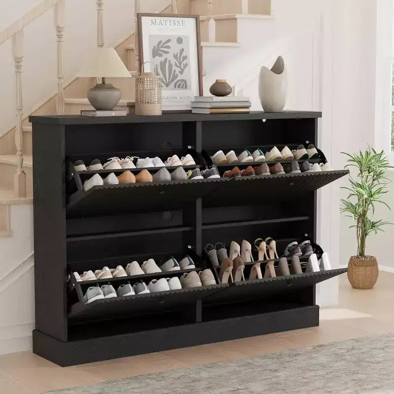 Meuble à chaussures avec 4 tiroirs basculants, meuble à chaussures en bois cannelé caché avec étagère réglable, meuble de rangement de chaussures autoportant pour entrée ou couloir