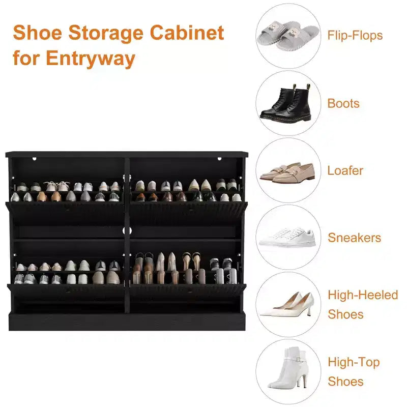Meuble à chaussures avec 4 tiroirs basculants, meuble à chaussures en bois cannelé caché avec étagère réglable, meuble de rangement de chaussures autoportant pour entrée ou couloir