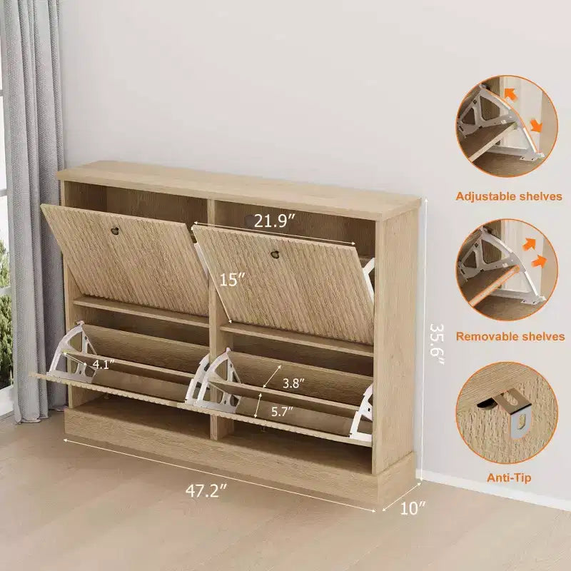 Meuble à chaussures avec 4 tiroirs basculants, meuble à chaussures en bois cannelé caché avec étagère réglable, meuble de rangement de chaussures autoportant pour entrée ou couloir