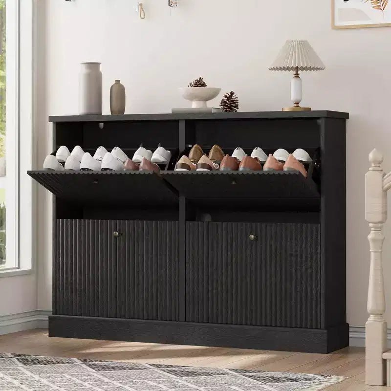 Shoe Cabinet with 4 Flip Drawers, Hidden Wooden Fluted Shoe Cabinet with Adjustable Shelf, Freestanding Shoe Storage Cabinet for Entryway Hallway