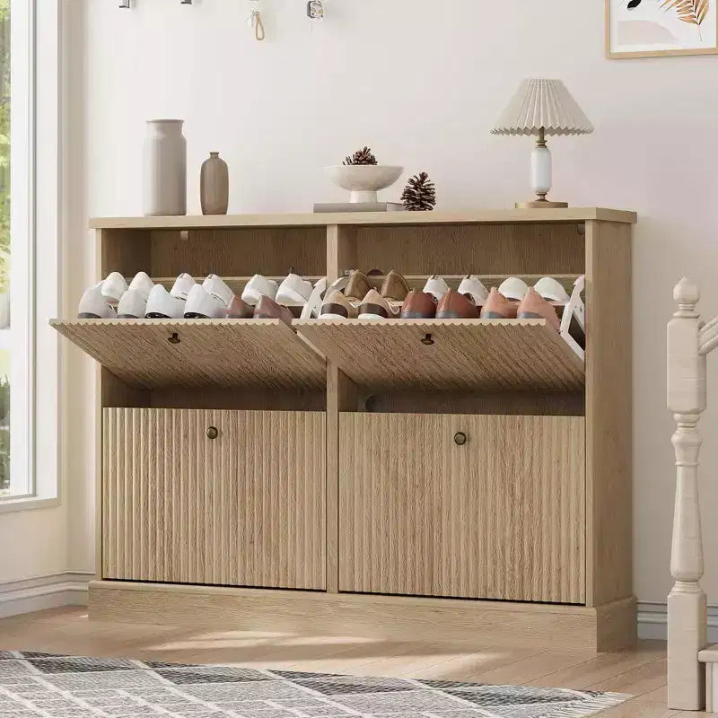 Meuble à chaussures avec 4 tiroirs basculants, meuble à chaussures en bois cannelé caché avec étagère réglable, meuble de rangement de chaussures autoportant pour entrée ou couloir