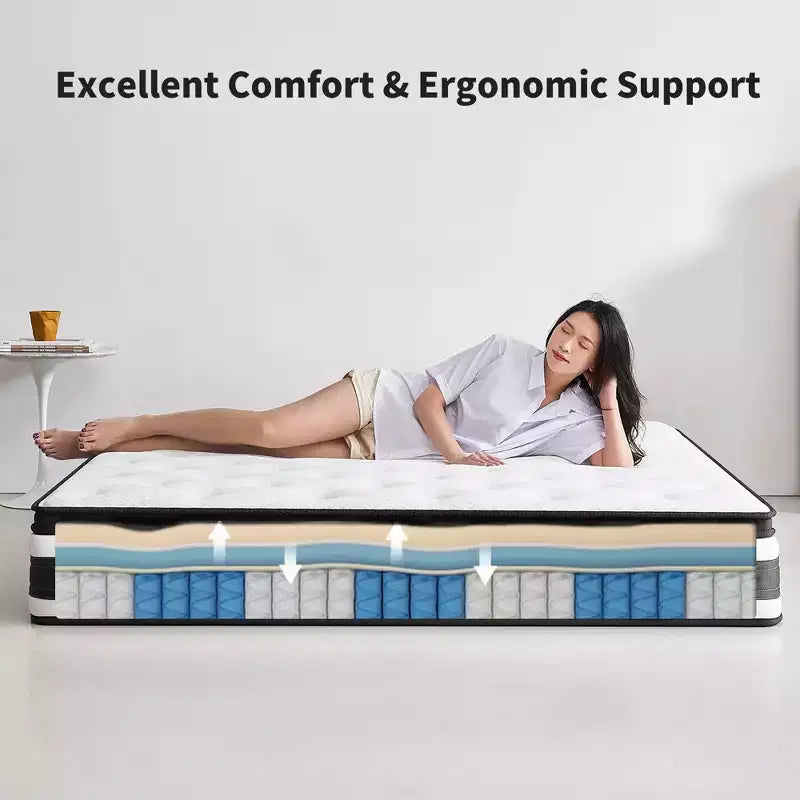 Matelas hybride de 30 cm, Housse respirante et certifiée fraîcheur, Mousse à mémoire de forme et ressorts ensachés individuellement, Soutien mi-ferme