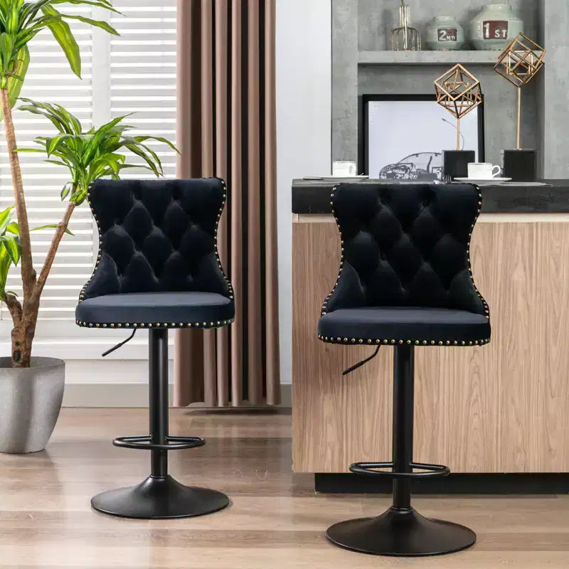 2 Turning Velvet Bar Stools, Adjustable Height, Tufted Back, Modern Upholstered for Kitchen, Pub, Dining Room