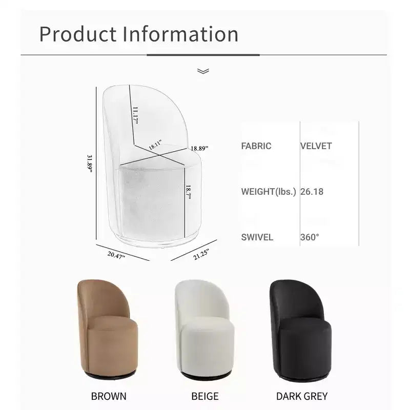 Fauteuil pivotant en velours sans accoudoirs avec dossier rond, chaise de salle à manger moderne, chaise d'appoint pour coiffeuse, chambre, salon, cuisine
