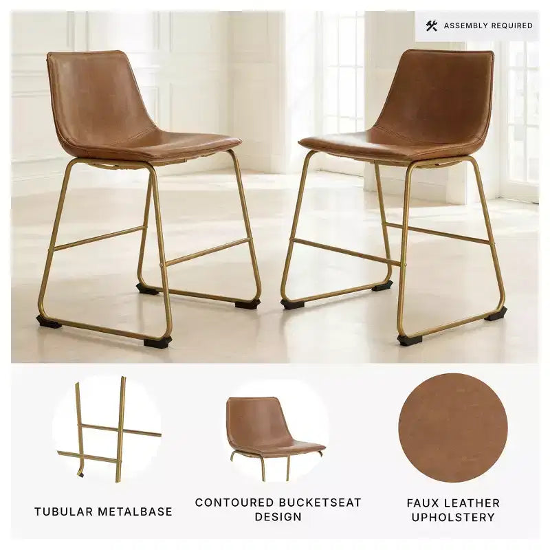 Chaises de salle à manger rembourrées, lot de 2, assises en similicuir marron avec structure en métal doré